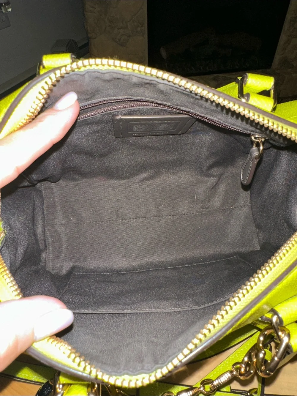 💚💛💚💛Coach Neon Yellow/lime Saffiano Leather Satchel with Cherry Charm